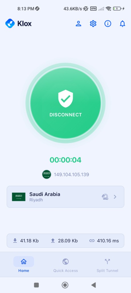 KloxVPN Android app connected with speed stats