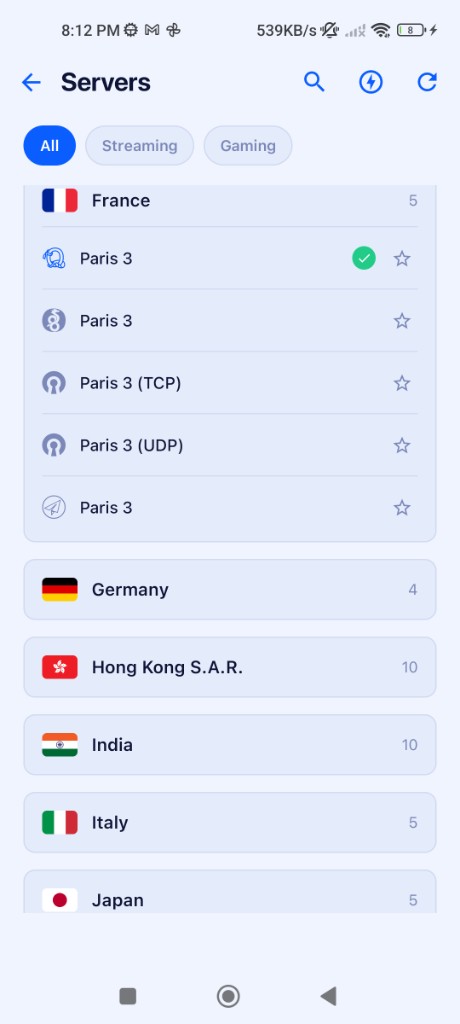 KloxVPN Android server list with country filters