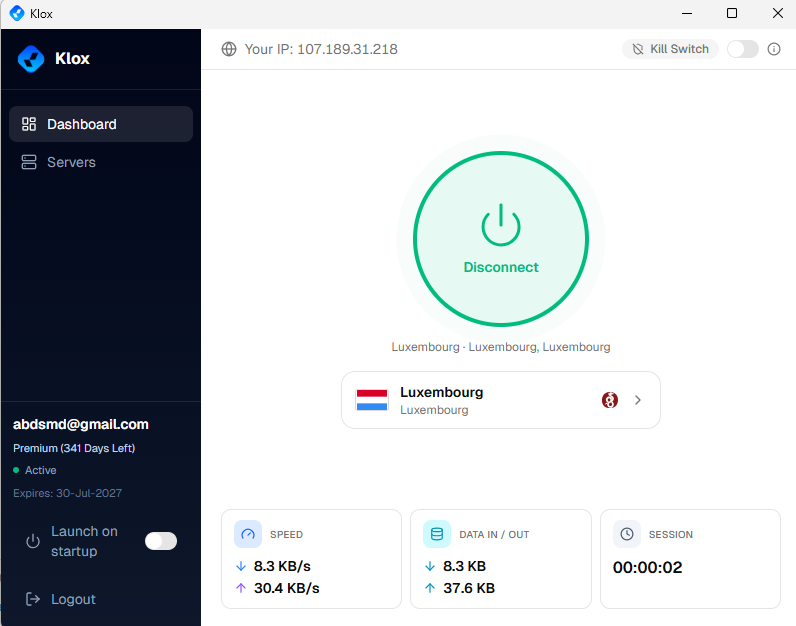 KloxVPN Windows app connected with live session stats